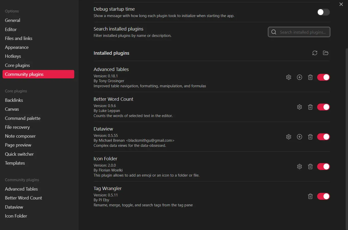 Screenshot of the plugins page, showing a few community plugins I have installed.