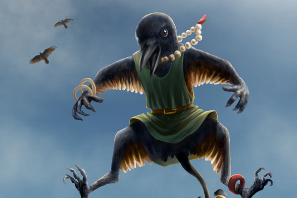 A happy crow person jumping in mid-air, their feathers illuminated from the sun behind them.