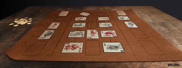 A leather game mat with cards.