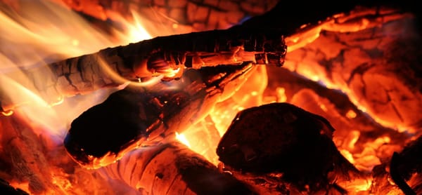 Close up image of wood burning in a fire with glowing, charred pieces.